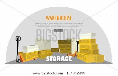 Warehouse storage web banner. Storage warehouse with boxes. Unit of warehouse interior, boxes, storage building, industrial storehouse, cargo and interior, distribution and shelf. Vector illustration