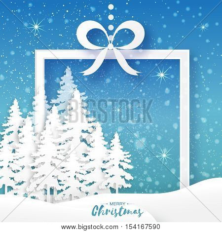 White Origami Merry Christmas Greeting card with Cutout Paper Gift box, Xmas Tree and landscape on blue background. 2017 New Year holiday. Frame for text. Vector seasonal design illustration