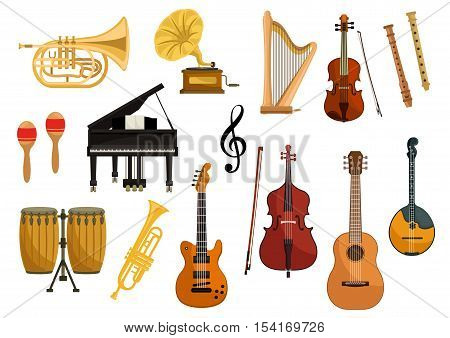 Vector icons of musical instruments. Isolated string and wind music instruments of cymbals, trumpet, drums, harp, gramophone, electric guitar, violin, contrabass, saxophone, flute mandolin music clef