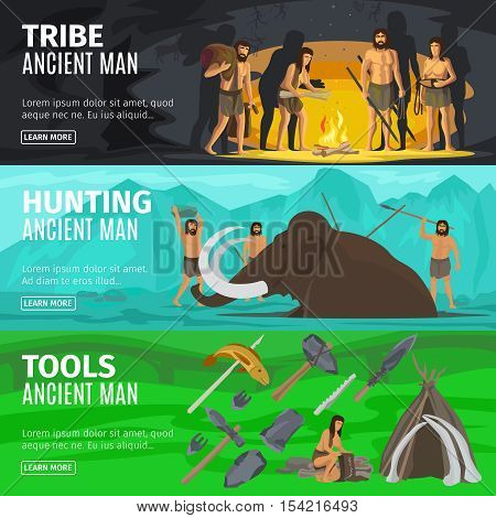 Stone age extinct extinction ancient primitive caveman evolution banners. Primitive man like Neanderthals or Homo sapiens vector illustration