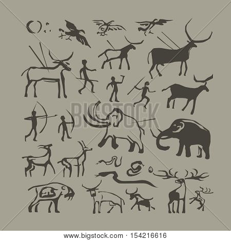 Vector rock painting. Cave man and animals anthropology primitive stone age paintings