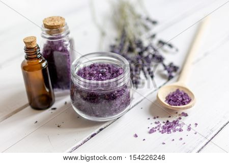 manufacture of homemade cosmetics with lavander on wooden background close up