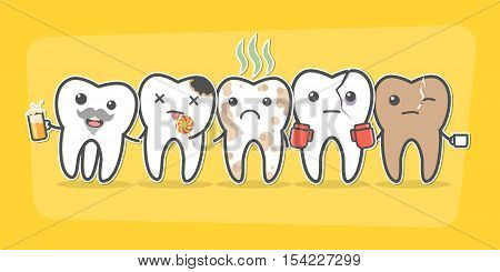 Bad teeth company. Problematic sick and unhealthy teeth concept. Funny cartoon characters. Vector illustration