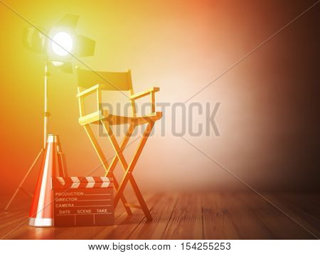 Video, movie, cinema concept. Clapperboard and director chair. Film industry 3d illustration