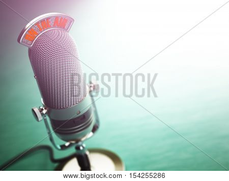 Retro old microphone with text on the air. Radio show or audio podcast concept. Vintage microphone. 3d illustration