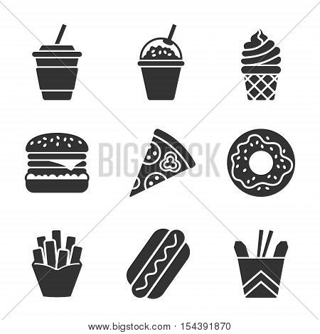 Fast food vector silhouette icon set. Fast food hamburger, cola, ice cream, pizza, donut, hot dog, noodles, french fries. Tasty fast food unhealthy meal. Isolated dishes on white background.