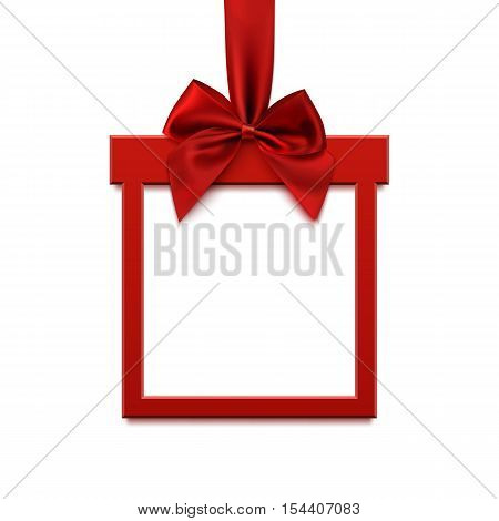 Blank, square banner in form of Christmas gift with red ribbon and bow, isolated on white background. Greeting card, brochure or banner template.