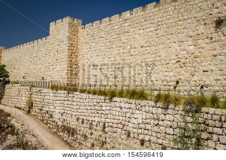 JERUSALEM ISRAEL - OCTOBER 5: Part of the western wall of the Old City of Jerusalem near the Jaffa Gate in Jerusalem Israel on October 5 2016