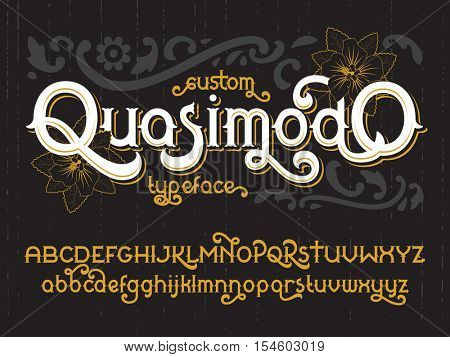 Custom retro typeface Quasimodo. Vintage gold alphabet font set with black flowers