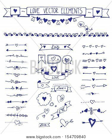 Big set of doodle sketch hand drawn heart elements. Vector set of design love elements on the white background. Doodle divider, arrow, border icons set with sketch hand drawn hearts elements.