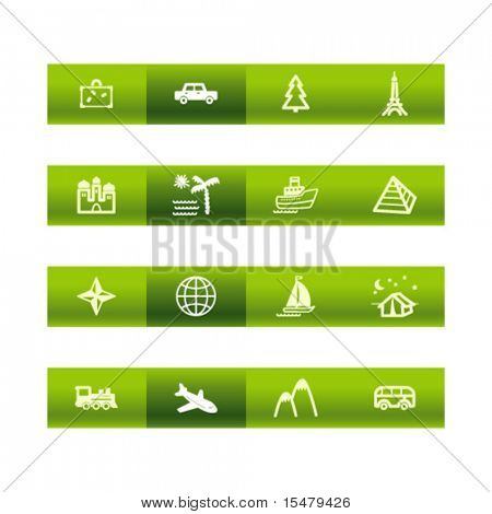 Green bar travel icons. Vector file has layers, all icons in two versions are included.