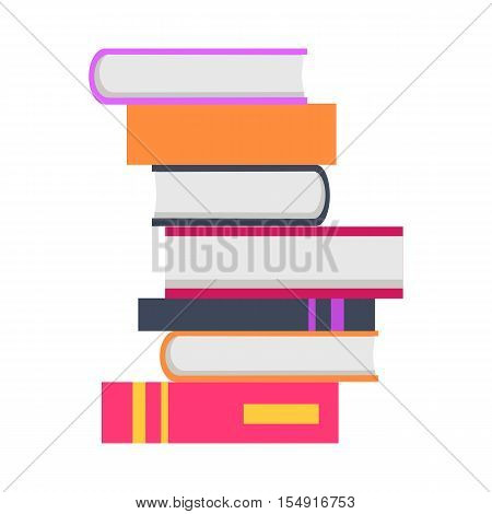 Stack of seven books in flat. Book pile icon. Book concept. Business education concept. Set of multicolored books. Isolated vector illustration on white background.