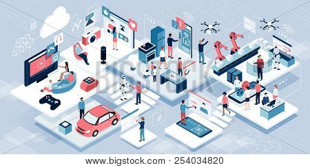 Blockchain, Internet Of Things And Lifestyle: People Using Connected Devices And Touch Screen Interf