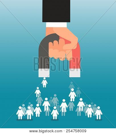 Lead Generation. Magnet In Hand Attracts Consumers. Sales And Leads, Marketing Vector Concept. Magne