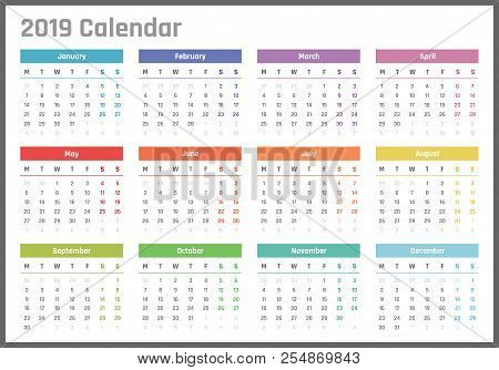 Calendar For 2019 Starts Monday, Vector Calendar Design 2019 Year