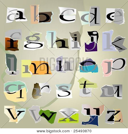 vector set alphabet:small collage latters based on ripped paper pieces.