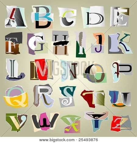 vector set alphabet:big collage latters based on ripped paper pieces