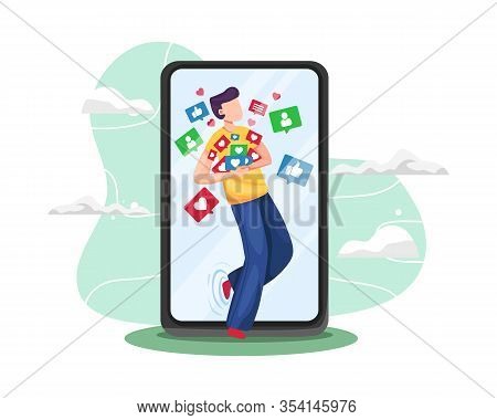 Vector Illustration Young Man Addicted Social Media. Young Man Grabbing Like Notifications, Addicted