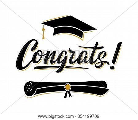 Congrats! Greeting Sign For Graduation Party. Class Of 2020. Academic Cap And Diploma. Vector Design