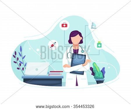 Vector Illustration Female Doctor Portrait. Illustration Of Female Doctor With Stethoscope, Friendly