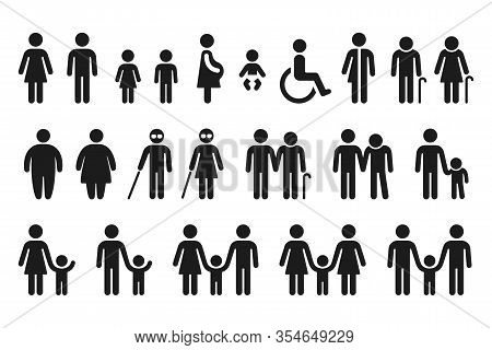 People Figures Icon Set. Bathroom Gender Signs And Health Conditions Symbols. Adults, Families With 