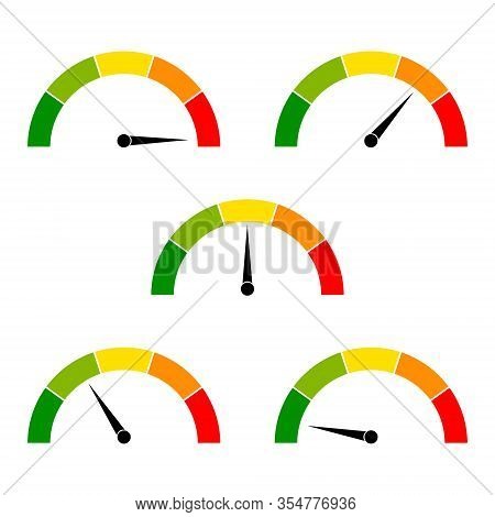 Speedometer Icon With Arrow. Dashboard With Green, Yellow, Red Indicators. Gauge Elements Of Tachome