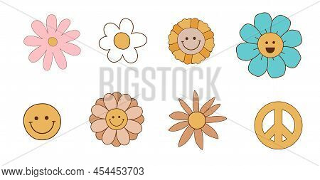 Groovy Flowers Set. Retro 70s Smiling Face Flowers Graphic Elements Isolated Collection. Hippie, Pea