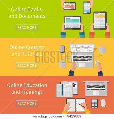 Online education,online training courses and tutorials, e-books. Digital devices, laptop. Flat desig