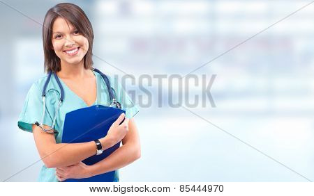 Medical doctor woman over health care background