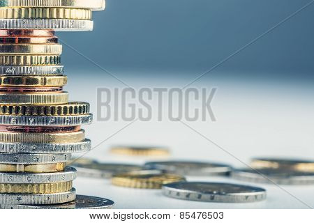 Euro coins. Euro money. Euro currency.Coins stacked on each other in different positions.