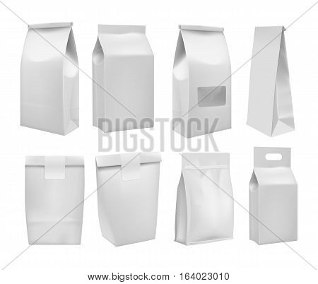 Realistic take away blank food box mock up set isolated on white background. Vector food packaging box layout. Blank white 3d coffee packaging, product container, empty food box. Food packaging template. Takeaway food box or cake box. Coffee bag.