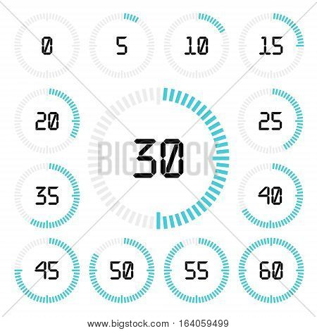 Countdown timer with five minutes interval in modern style. Set of 13 timer icons. Vector illustration on a white background.