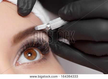 Permanent makeup eyebrows. Mikrobleyding eyebrows workflow in a beauty salon. Cosmetologist applying a special permanent makeup on a woman's eyebrows.