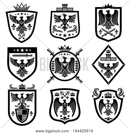 Medieval eagle heraldry coat of arms, emblems, badges. Monochrome heraldic emblem with eagle on shield illustration