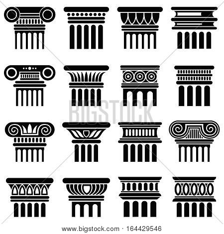 Ancient rome architecture column vector icons. Black silhouette column, old classical greek column illustration