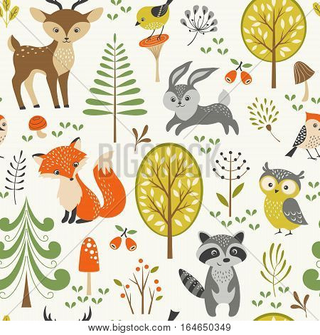 Seamless summer forest pattern with cute woodland animals, trees, mushrooms and berries.