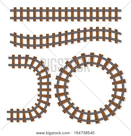 Passenger train vector rail tracks brush, railway line or railroad elements isolated on white background. Design of rail way for transportation illustration