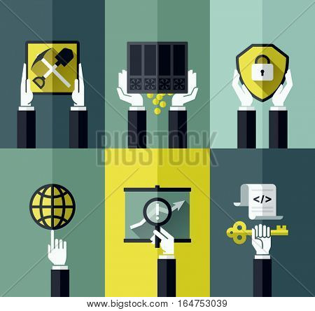 Modern flat vector design elements with hands holding digital currency symbols