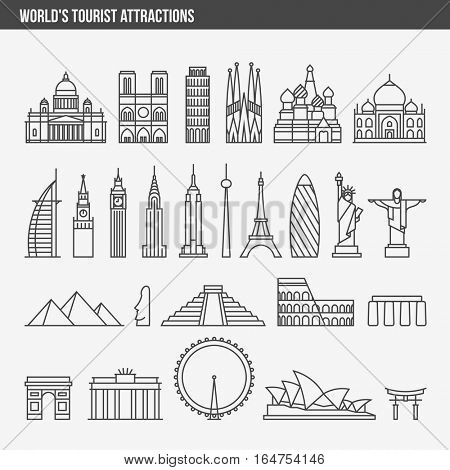 Flat line design style vector illustration icons set and logos of top tourist attractions, historical buildings, towers, monuments, statues, sculptures and modern architecture