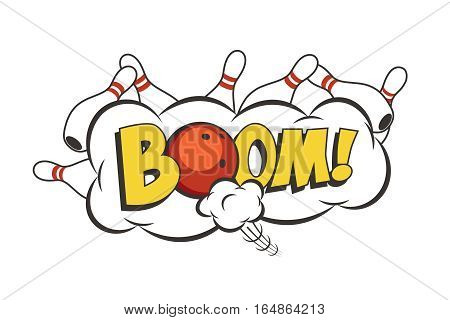 Vector cartoon bowling strike illustration. Moving red bowling ball and white skittles.