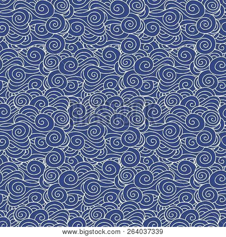 Japanese, Chinese Traditional Asian Blue Sea Waves, Clouds Seamless Pattern. Oriental Ornament Backg