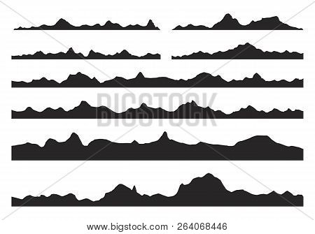 Mountains Silhouettes On The White Background. Wide Semi-detailed Panoramic Silhouettes Of Highlands