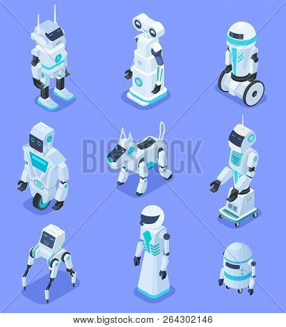 Isometric Robots. Isometric Robotic Home Assistant Security Robot Pet. Futuristic 3d Robots With Art