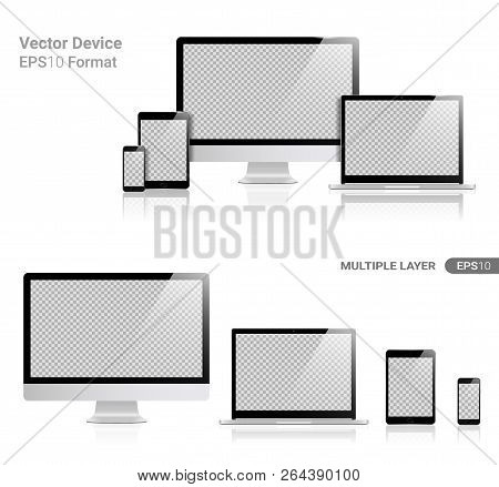 Realistic Computer, Laptop, Tablet and Smartphone with transparent Wallpaper Screen Isolated on white. Set of Device Mockup Separate Groups and Layers. New Easily Editable Vector.