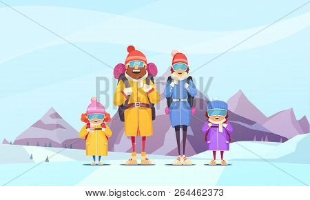 Mountaineering Family Winter Vacation Cartoon Poster With Father Mother 2 Kids Against Alpine Mounta