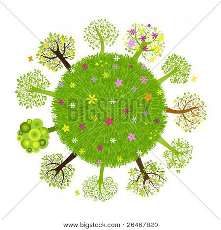 Eco planeet met boom, geïsoleerd op zwarte achtergrond, vectorillustratie