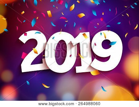 Happy New Year 2019 Background Decoration. Greeting Card Design Template 2019 Confetti. Vector Illus