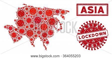 Covid-2019 Virus Collage Asia Map And Seal Stamps. Red Round Lockdown Scratched Seal. Vector Covid P