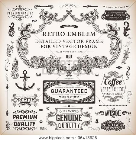 Vector set of calligraphic design elements: page decoration, Premium Quality and Satisfaction Guarantee Label, antique and baroque frames and floral ornaments collection