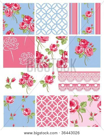 Pretty Shabby Chic Floral Vector Seamless Patterns and Icons.  Use to create digital paper for scrap booking or fabric projects.